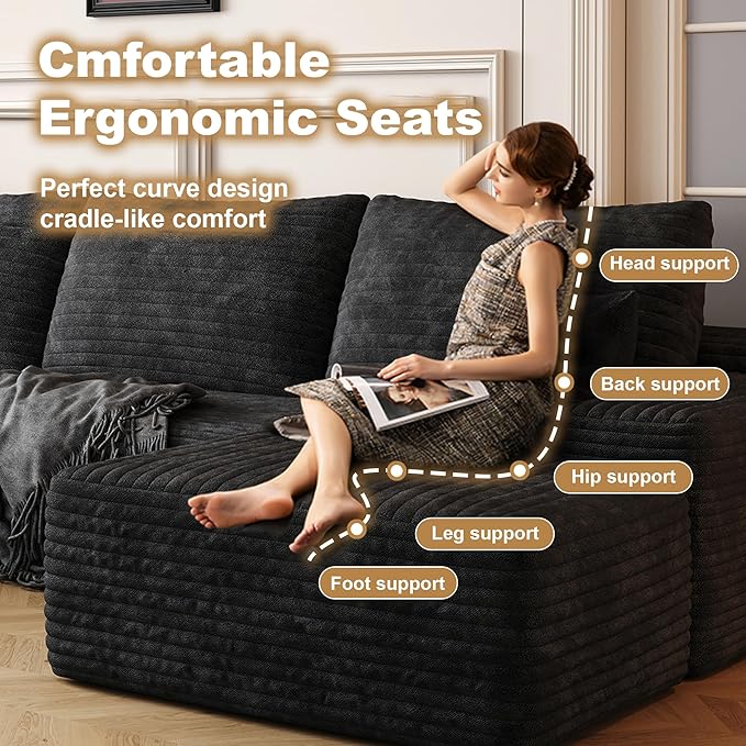 108" Sectional Couches for Living Room Modern Modular Sofa with L-Shape Couchs Upholstered Boneless Couch Deep Seat Sectional Couch with Chaise (Black, Left Facing Chaise+2Seaters+1Ottoman)-CasaMuseHome