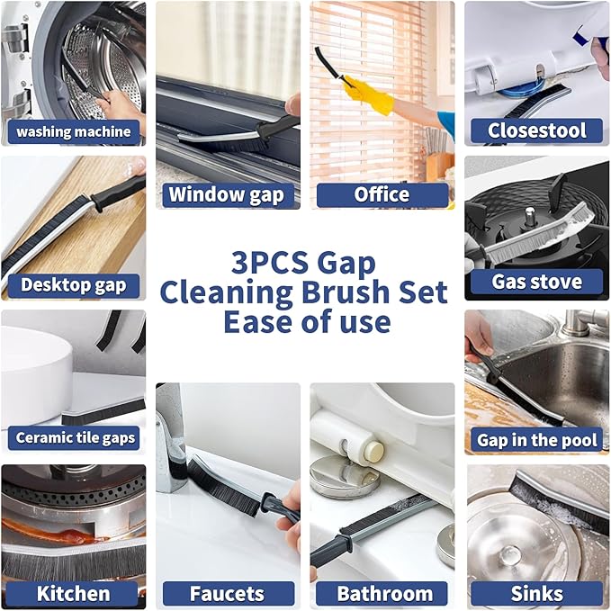 3 Pcs Cleaning Brushes for Household - Crevice Brush for Scrub Small Spaces, Toilet Cleaning Tool with Comfortable Grip, Long&Firm Bristle for Shower Tile Grout, Sinks Gap, Window Tracks, Hinges-CasaMuseHome