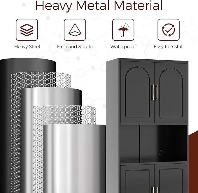 75" Tall Kitchen Pantry Storage Cabinet, Metal Storage Cabinets with 4 Doors and Adjustable Shelves, Black Kitchen Hutch Cabinet with Microwave Stand, Large Cupboard for Dining Living Room-CasaMuseHome