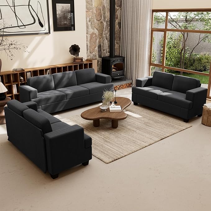 2 Pieces Corduroy Couch Set for Living Room, Black Cloud Sofa, Deep Seat Floor Couch for Bedroom, Futon Modern Sofa Sectional Bed, Black Corduroy-CasaMuseHome