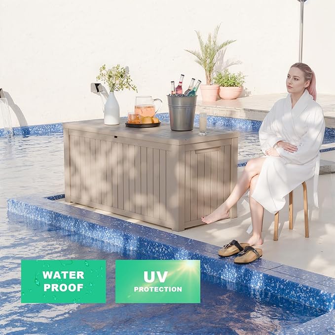 180 Gallon Resin Deck Box, Lockable Patio Outdoor Storage Box for Furniture, Garden Tools and Tools Storage, Waterproof Outside Storage Boxes - Grey-CasaMuseHome