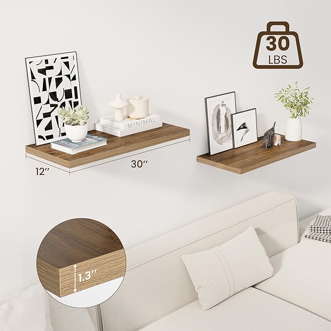 30" Floating Shelves for Wall, 12" Deep Slim Walnut Floating Shelves, Wall-Mounted Shelves for Bedroom, Living Room, Kitchen, Bathroom - Set of 2-CasaMuseHome