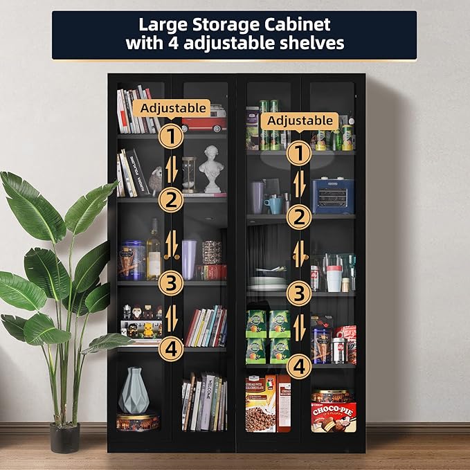 5 Tier Metal Curio Cabinets, Modern Bookshelf Cabinet with 4 Adjustable Shelves, Cabinet Display Case for Home Office, Living Room, Pantry (Black-27.5W)-CasaMuseHome