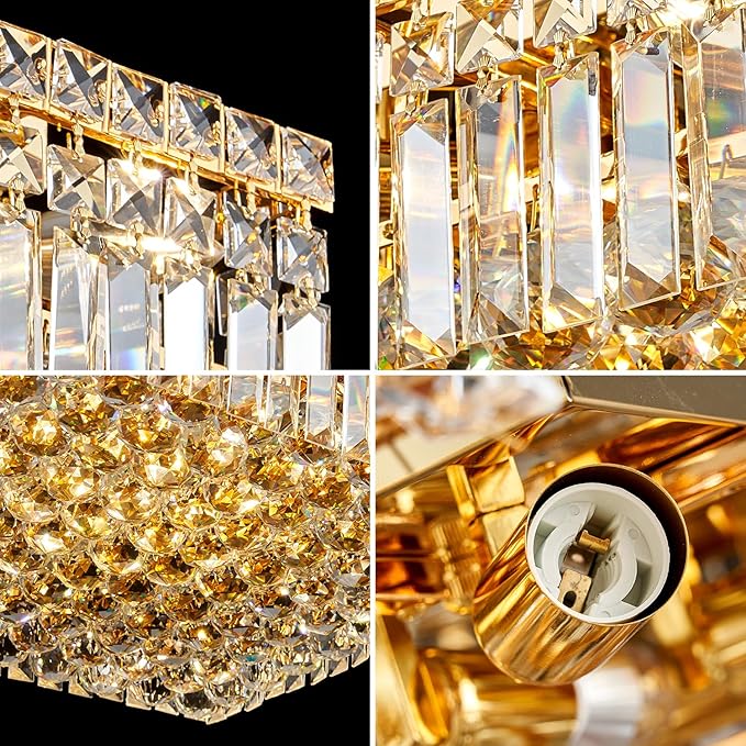 12-Lights Gold Crystal Flush Mount Ceiling Light Fixtures,Elegant Crystal Chandelier Pendant Ceiling Lamp for Bedroom,Living Room,Dining Room,Hallway H5.9 x W20 x L20 (Bulb Not Included) Square-CasaMuseHome