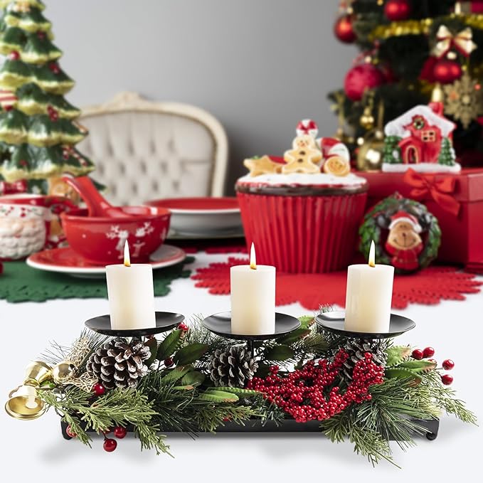 3 Pillar Black Metal Candle Holders for Table Centerpiece, Fall Thanksgiving & Halloween Dining Table, Fireplace Mantel Decor, Tray Candlestick for Living Room Rustic Decorations-CasaMuseHome