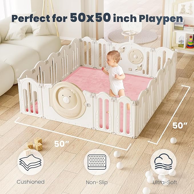 ACOMOPACK Baby Play Mat for Floor 1.3" Thick Memory Foam 50x50 Soft Velvet Playpen Mat for Kids,Infants,Toddlers,Tummy Time Crawling Mats with Non-Slip Bottom,Yoga,Tatami,Nursery Rug（Pink）-CasaMuseHome