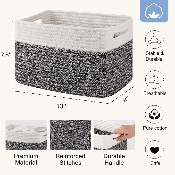 4 Pack Storage Baskets for Organizing, Woven Baskets for Shelves - Perfect for Toys, Books, Towels, and Clothes, Durable Gift Basket Bins Toy Storage, 13''Lx9''Wx7.8''H, Black & White-CasaMuseHome