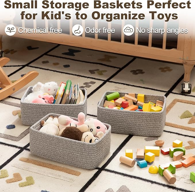 3 Pack Small Storage Baskets for Organizing, Cute Woven Decorative Gift Baskets for Shelves, Mini Closet Organizer Bins with Handles, 11.81''Lx7.87''Wx4.72''H-Grey-CasaMuseHome