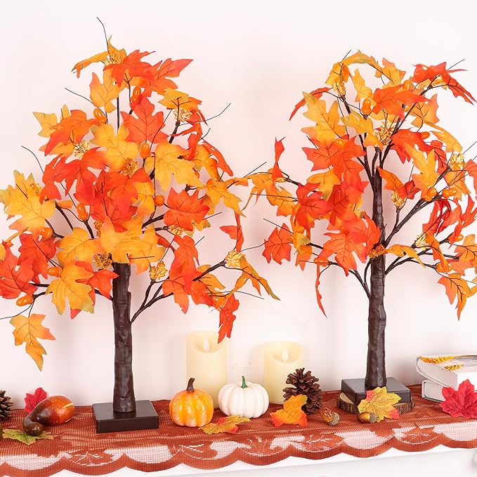 2 Pack 24 Inch Prelit Fall Maple Tree Fall Decor with 48 LEDs Timer Battery Operated Artificial Fall Light Up Tree Maple Acorn for Fall Thanksgiving Decorations Table Home Office Indoor Autumn Harvest-CasaMuseHome