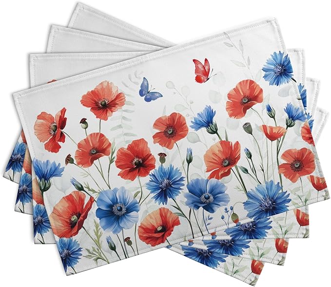 4th of July Floral Placemats Set of 4 Patriotic Summer Red Blue Flowers Linen Fabric Table Mats America Memorial Day Independence Day Place Mats for Party Kitchen Dining Decoration-CasaMuseHome