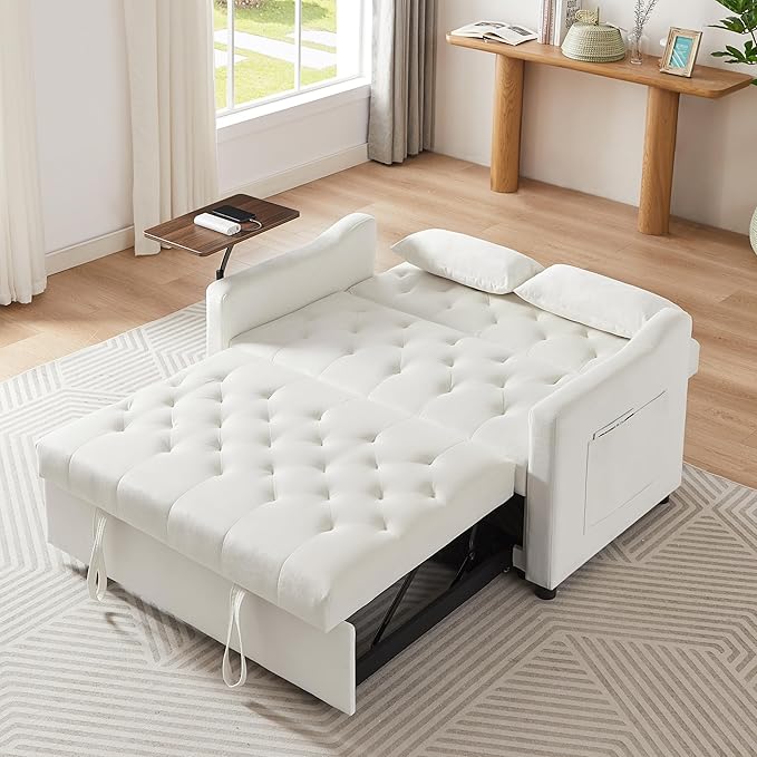 3-in-1 Convertible Sleeper Sofa Bed, Pullout Couch with 360° Swivel Side Table, Modern Chenille Fabric, Easy to Assemble, Folding Loveseat Sofa Bed for Living Room & Guest Room-CasaMuseHome