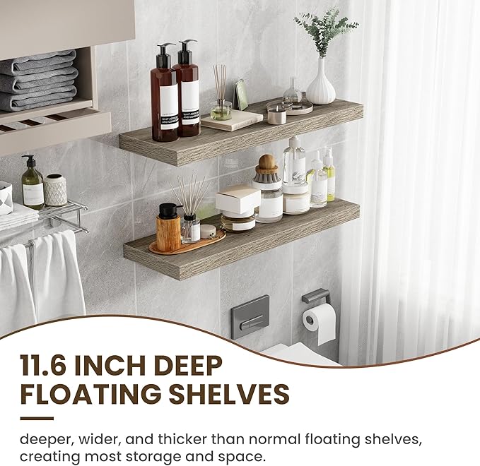 36 Inch Floating Shelves, 12 Inch Deep Floating Shelves for Wall, Floating Shelf with Invisible Brackets, Deep Shelves for Bathroom, Bedroom, Living Room, 2 Pack, Vintage Gray Oak-CasaMuseHome