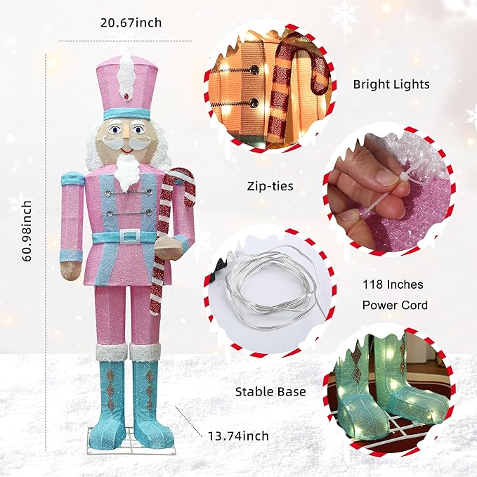 61Inch Nutcracker Christmas Decor Outdoor with LEDs 5 Feet Lighted Large Nutcracker Lighted Christmas Decorations Outdoor with Stakes & Zip Ties for Xmas Yard, Porch, Lawn-CasaMuseHome
