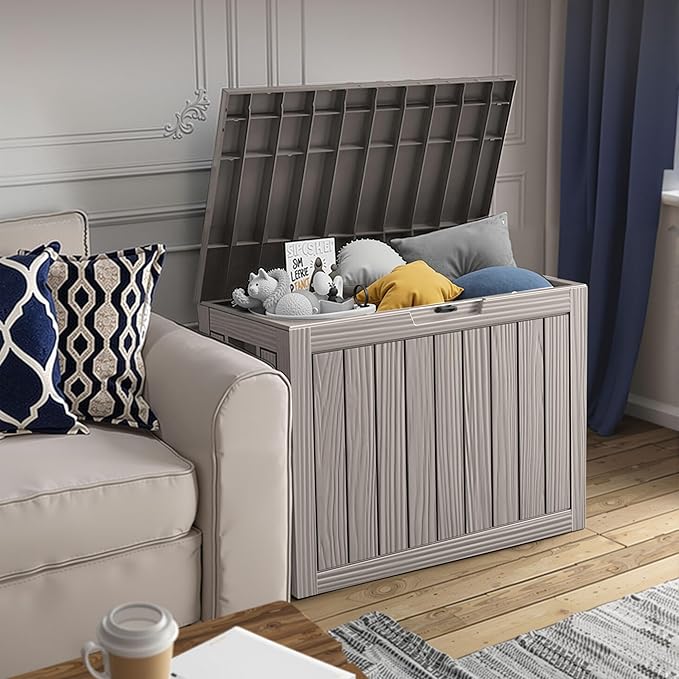 45 Outdoor Storage Box, Waterproof Resin Deck Box with Side Handles, Lockable Outdoor Bench for Indoor & Outdoor Use, Storage Bin for Patio Cushions, Garden Tools, Package Delivery, Grey-CasaMuseHome