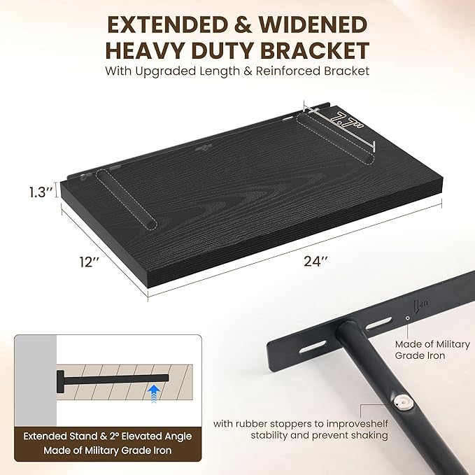 24" Floating Shelves for Wall, 12" Deep Slim Black Floating Shelves, Wall-Mounted Shelves for Bedroom, Living Room, Kitchen, Bathroom - Set of 2-CasaMuseHome