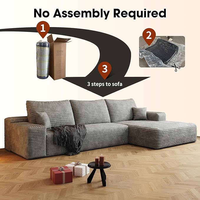 108" Sectional Couches for Living Room Modern Modular Sofa with L-Shape Couchs Upholstered Boneless Couch Deep Seat Sectional Couch with Chaise (Grey, Right Facing Chaise+2Seaters)-CasaMuseHome