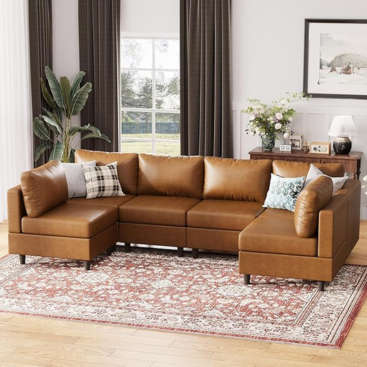 118.5" Faux Leather Modular Sectional Sofa with Storage Seat, Modern 6 Seater Couch Deep Seat with Removable Cover DIY Combination Brown-CasaMuseHome