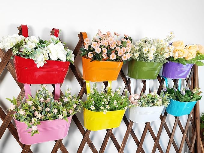8 Pack Hanging Planters 10", Colorful Metal Bacony Railing Planter for Outdoor Decor, Countryside Fence Pot Flower Bucket for Rails Patio Garden, Plant Pot for Herb (Multi-Color, 8Pcs)-CasaMuseHome