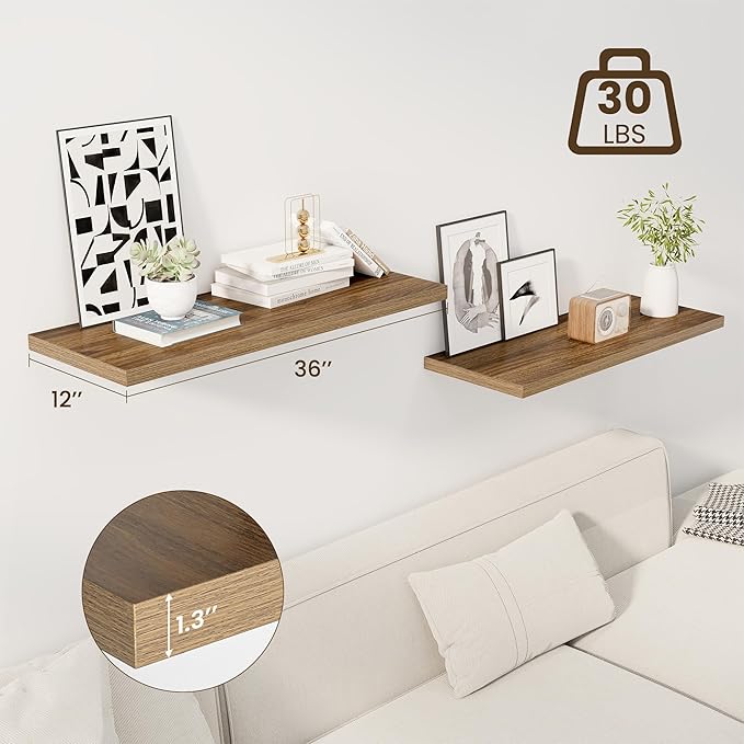 36" Floating Shelves for Wall, 12" Deep Slim Walnut Floating Shelves, Wall-Mounted Shelves for Bedroom, Living Room, Kitchen, Bathroom - Set of 2-CasaMuseHome