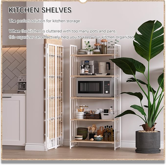 4NM No Assembly 5 Tiers Folding Bookshelf, 59.4" H Foldable Storage Shelves Vintage Bookcase Standing Racks Study Organizer Home Office - Natural White-CasaMuseHome