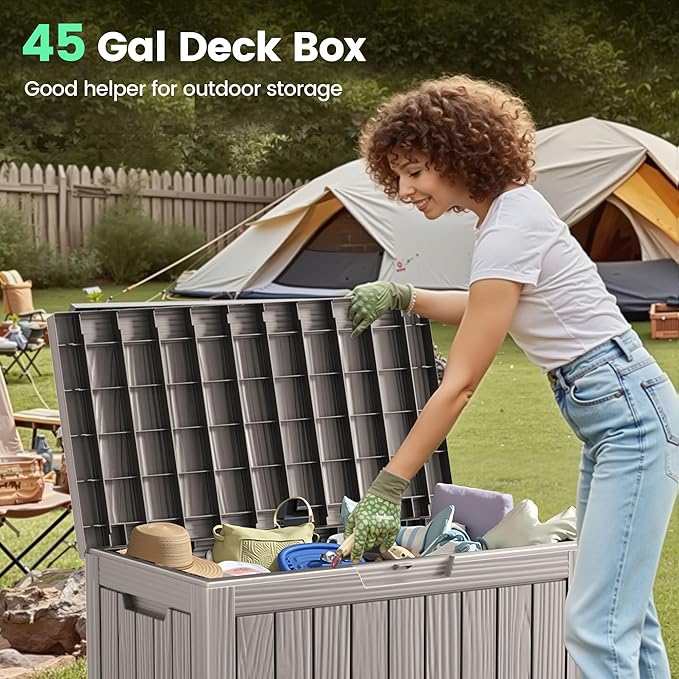 45 Outdoor Storage Box, Waterproof Resin Deck Box with Side Handles, Lockable Outdoor Bench for Indoor & Outdoor Use, Storage Bin for Patio Cushions, Garden Tools, Package Delivery, Grey-CasaMuseHome