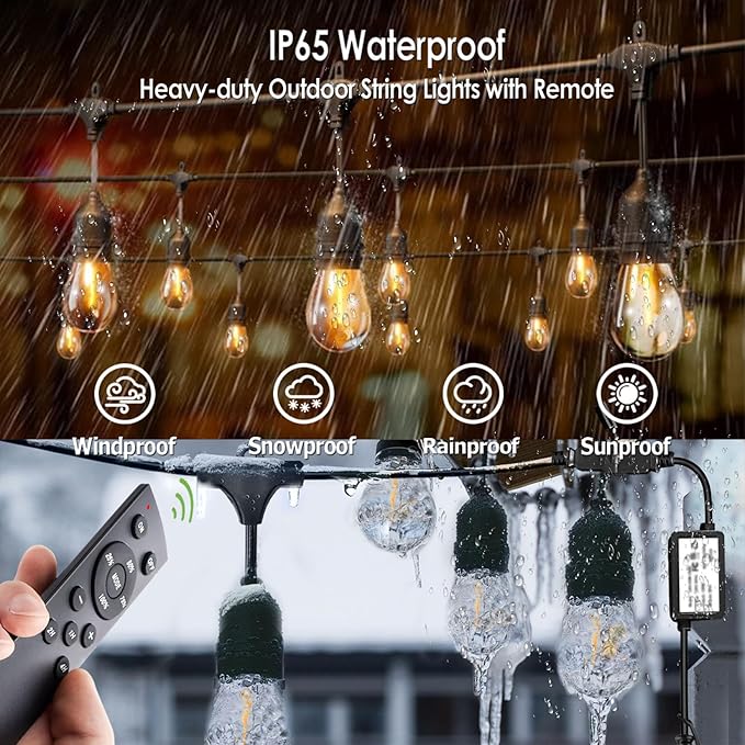 1-Pack 150 ft Outdoor String Lights with Remote Patio Lights Weatherproof, 45+3 Spare S14 Shatterproof Warm 2200K Bulbs, 3 Lighting Modes&Dimmable&Timer-CasaMuseHome