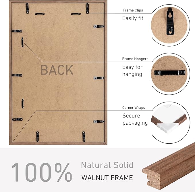 16x24 Poster Frame Natural Solid Walnut Photo Frames with 12x18 Removable Mat Wall Hanging Large Handcrafted Frame with HD Plexiglass Wall and Tabletop Display Large Picture Frame-CasaMuseHome