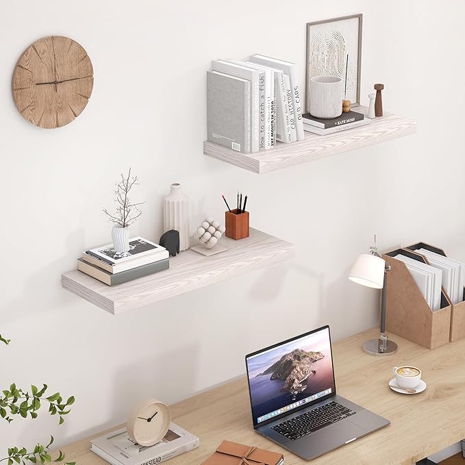 24 x 9 Floating Shelves, 9 Inch Deep Floating Shelf Wall Mounted, 24 Inch Bathroom Shelves Set of 2, Rustic Wood Wall Shelf for Bedroom, Living Room, Brich Color-CasaMuseHome