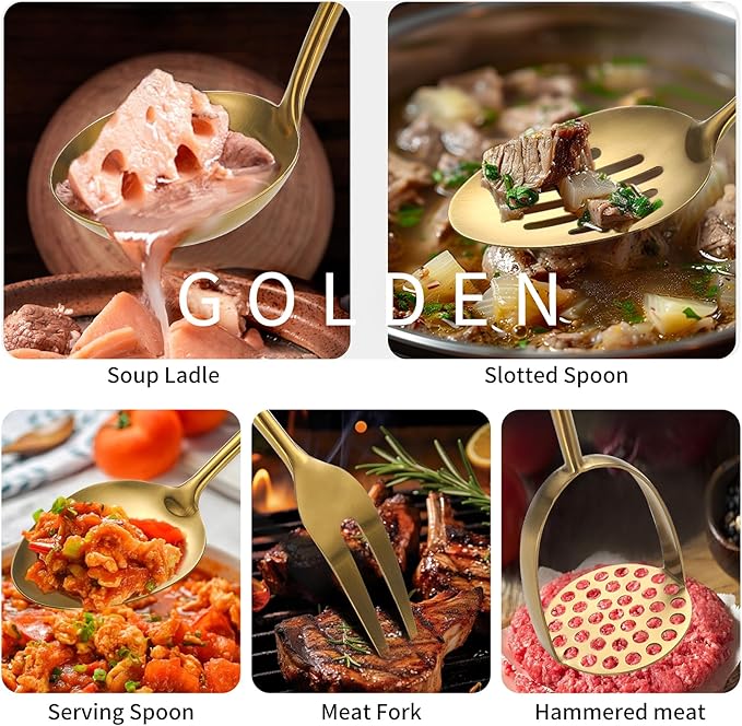 304 Stainlss Steel Matte Kitchen Utensils Set, 12 Pcs Long Metal Cooking Utensil Gadgets Tools Set with Spatula, Ladle, Spoon, Ladle, Skimmer, Tunner, Pasta Server, Tongs(Gold, Dishwasher Safe)-CasaMuseHome