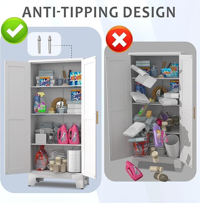 61.02" Pantry Cabinet, Kitchen Pantry Storage Cabinets with Adjustable Shelves and Feet, White Pantry Storage Cabinet for Kitchen, Dining Room, Living Room and Bathroom (White) Metal-CasaMuseHome