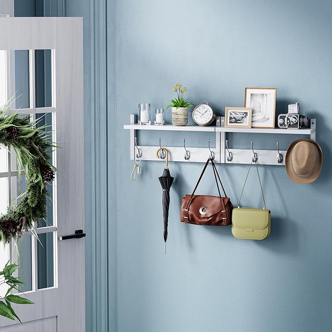 2 Pack Coat Rack Wall Mount, Bamboo Coat Hook with Storage Shelf, Coat Hanger with 8 Dual Hooks, Wall Floating Shelf for Entryway Hallway Kitchen, Bathroom, Bedroom (White+Slive)-CasaMuseHome