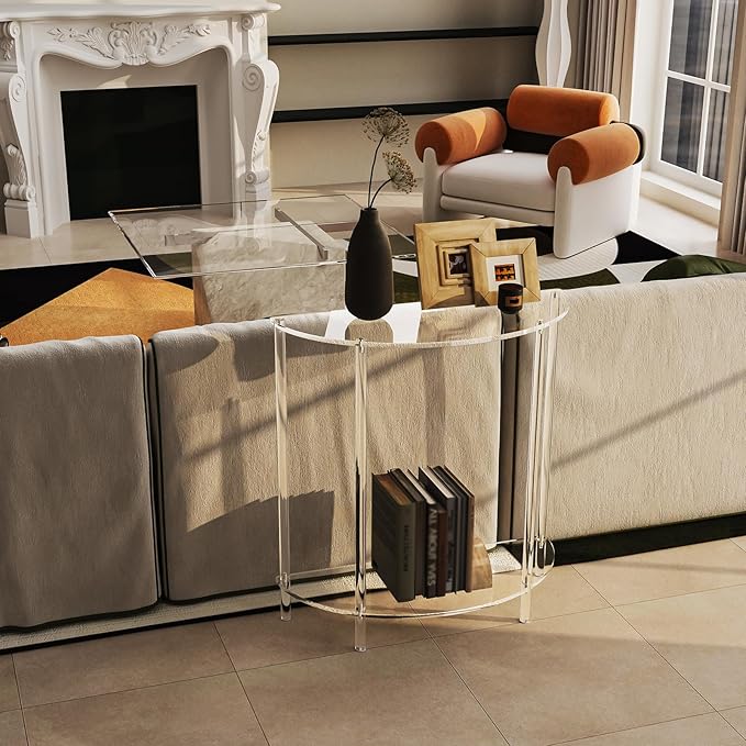 Acrylic Console Table, Half Moon, 29.5" Small Entryway Table, Clear Entry Table for Sofa, Foyer, Hallway, Living Room, Easy Assembly, 2 Tier, 11.8" D x 31.5" H-CasaMuseHome