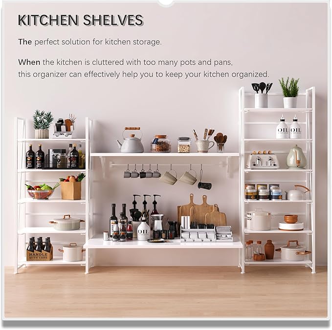 4NM No Assembly Foldable Bookshelf, 6-Shelf Collapsible Bookcase Storage for Small Spaces, 74" H, All White-CasaMuseHome