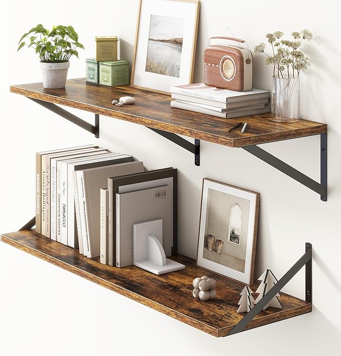 36"W x 10"D Floating Shelves, 10 Inch Deep Floating Shelves, Farmhouse Rustic Deep Wall Shelves for Home Decor, Wide Large Floating Shelf for Bathroom, Living Room, Kitchen, Study Room, Rustic Brown-CasaMuseHome