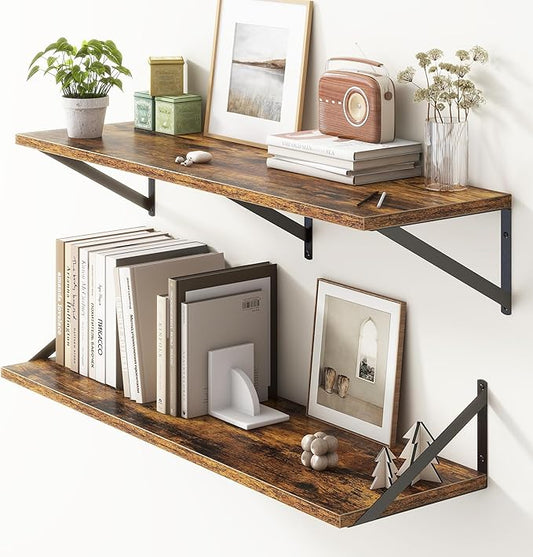 36"W x 10"D Floating Shelves, 10 Inch Deep Floating Shelves, Farmhouse Rustic Deep Wall Shelves for Home Decor, Wide Large Floating Shelf for Bathroom, Living Room, Kitchen, Study Room, Rustic Brown-CasaMuseHome