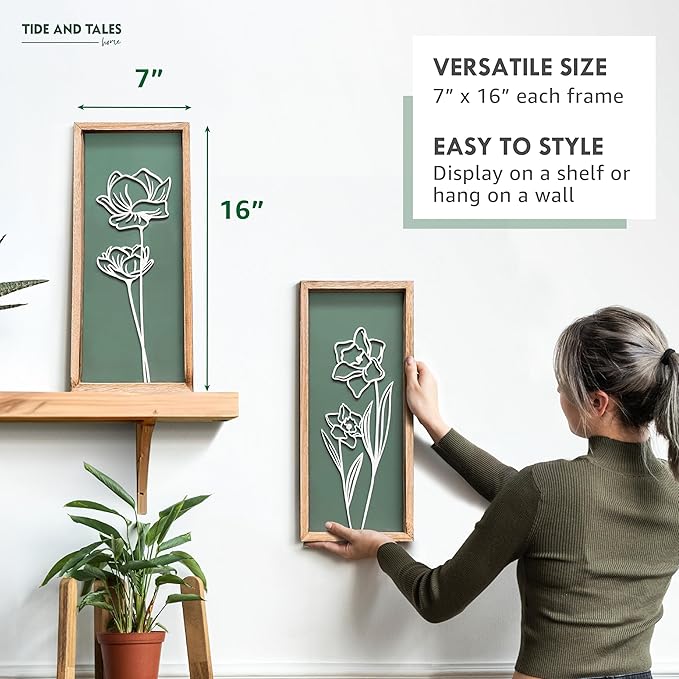 3D Floral Green Wall Art (Set of 2) Lightweight, Wooden Ready-to-Hang Boho Framed Wall Art for Bathroom, Bedroom, Living Room or Office – Premium Sage Green Farmhouse Decor – Gift-Boxed-CasaMuseHome