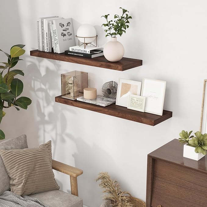 40 Inch Floating Shelvese, 40" W x 9" D Floating Shelf Set of 2, Farmhouse Wood Wall Shelves for Bedroom, Kitchen, Wall Mounted Deep Shelving for Home Decor, Walnut Color-CasaMuseHome