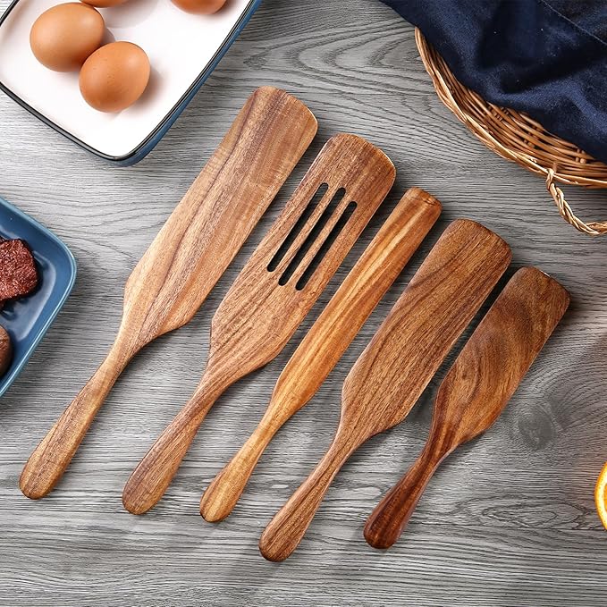 5 Pcs Wooden Spurtle Set, Natural Teak Kitchen Utensil Set Heat Resistant Non-Stick Wooden Spoons Tools for Cooking, Stirring, Mixing, Serving, Spurtles Kitchen Tools As Seen On TV-CasaMuseHome