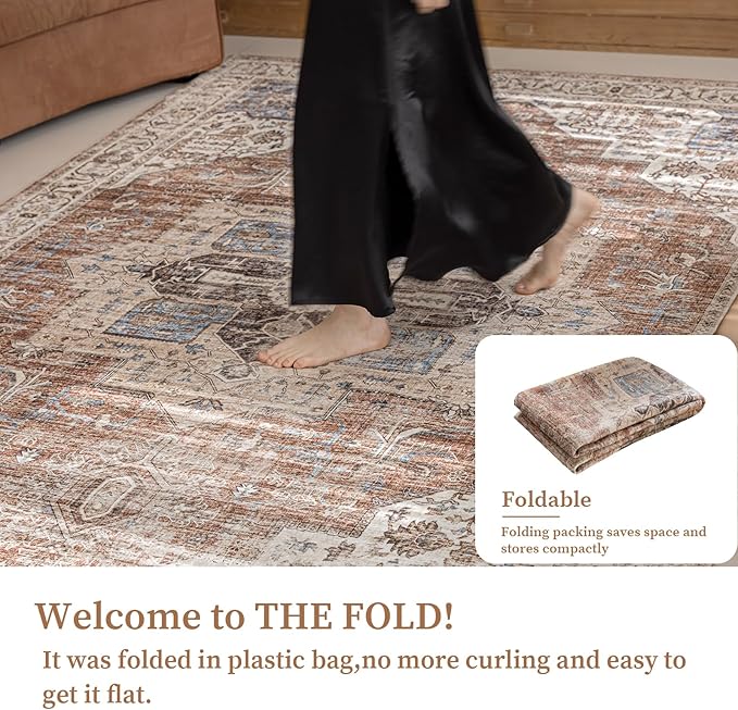 5'x7' Area Rug - Vintage Persian Medallion Design Low-Pile Faux Wool Rug, Non-Slip Backing, Machine Washable, for Living Room, Dining Room, Bedroom (Brick Red)-CasaMuseHome