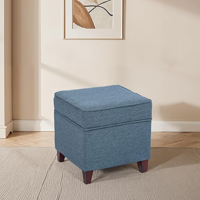 Adeco 17" Square Ottoman with Storage, Small Blue Storage Ottoman Foot Rest with Hinged Lid & Solid Wood Legs, Linen Fabric Foot Stool for Living Room & Bedroom-CasaMuseHome