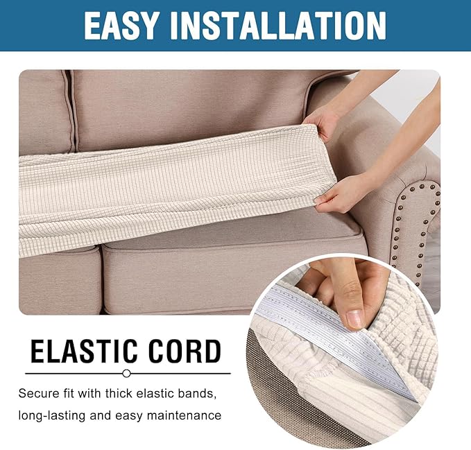 H.VERSAILTEX Super Stretch Individual Seat Cushion Covers Sofa Covers Couch Cushion Covers Slipcover Sets Thick Jacquard Textured Twill Fabric (1 Piece Chair Cushion Cover, Ivory)-CasaMuseHome