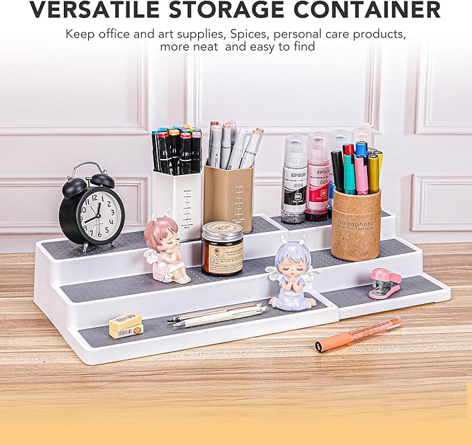 3 Tier Expandable Spice Rack Organizer, White/Grey Plastic Spice Rack, Adjustable Length 14.6In-25.8In, 2 Pack Non-Skid Tiered Spice Shelf Organizer for Kitchen Cabinet, Cupboard, Pantry-CasaMuseHome