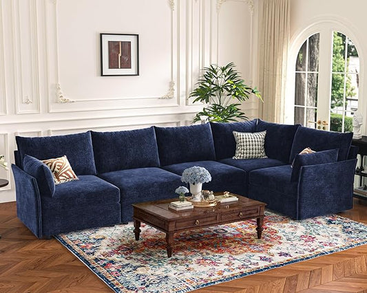 135.5" Oversized Modular Sectional Sofa, L Shaped Convertible Couch with Movable Ottoman, 5 Seat Corner Couches for Living Room Deep Seat Blue Chenille-CasaMuseHome
