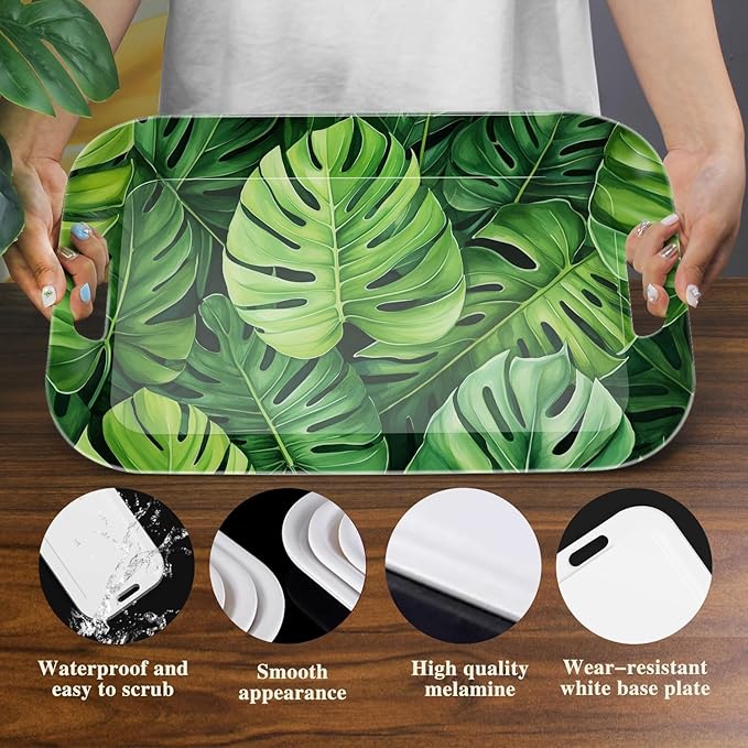Serving Trays with Handles, 14.5 x 9.8 inch Rectangular Plastic Tray for Restaurant, Kitchen, Tropical Leaf Pattern Monstera in The Style-CasaMuseHome