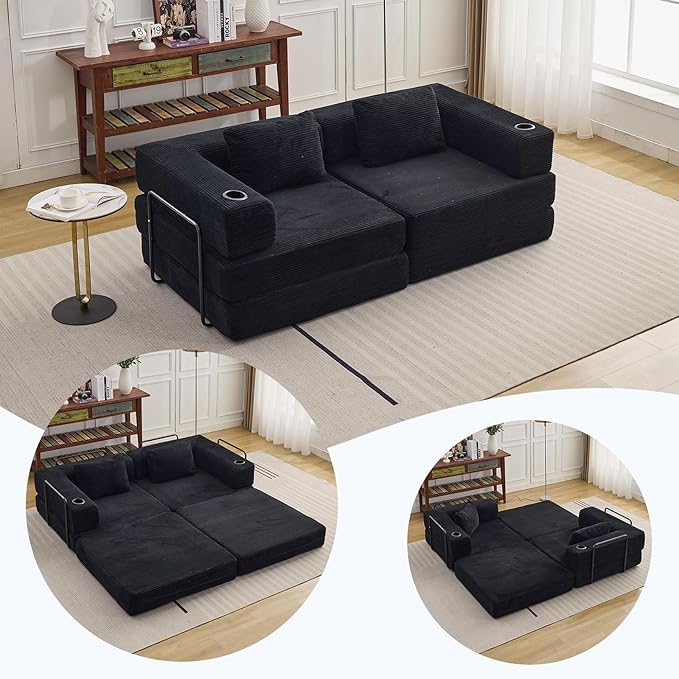 78" W Loveseat Sofa, 4 in 1 Convertible Floor Sofa Bed, Boneless Cloud Couch with Cup Holder, Fold Out Floor Couch, Loveseat Recliner Sleeper for Living Room Bedroom Lounge(Corduroy, White)-CasaMuseHome