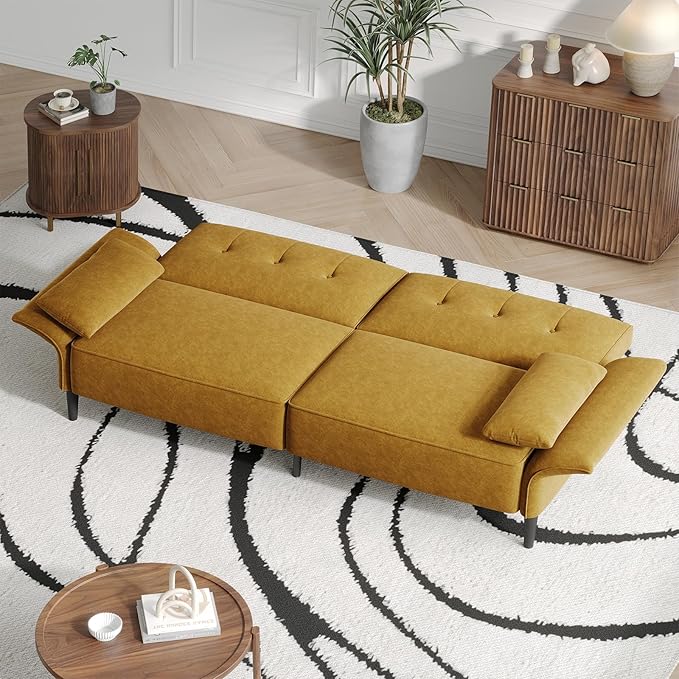 89” Futon Sofa Bed,Comfy Futon Couch Bed with 2 Square Pillows, Convertible Sleeper Sofa with Adjustable Backrest& Armrests, Modern Loveseat Sleeper for Living Room, Bedroom, Yellow-CasaMuseHome