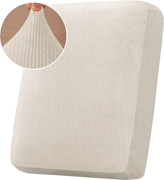 H.VERSAILTEX Velvet Stretch Couch Cushion Cover Plush Cushion Slipcover for Chair Cushion Furniture Protector Seat Cushion Sofa Cover (1 Piece Armchair Cushion Covers, Ivory Striped)-CasaMuseHome