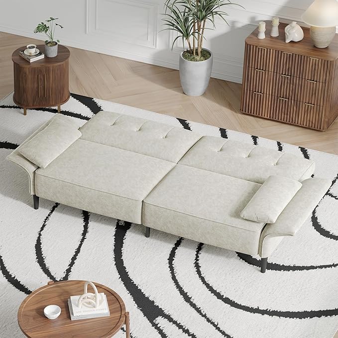 89” Futon Sofa Bed, Comfy Futon Couch Bed with 2 Square Pillows, Convertible Sleeper Sofa with Adjustable Backrest& Armrests, Modern Loveseat Sleeper for Living Room, Bedroom, White-CasaMuseHome