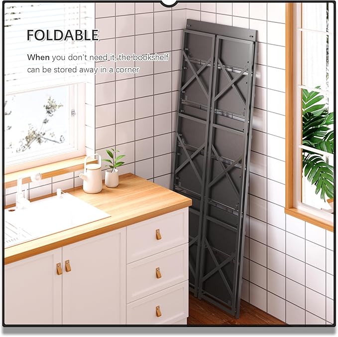 4NM 6 Tiers No Assembly Book Shelves, 61.8" H Folding Bookshelf Bookcase Open Industrial Foldable Shelves for Bedroom, Living Room, Home Office - All Black-CasaMuseHome