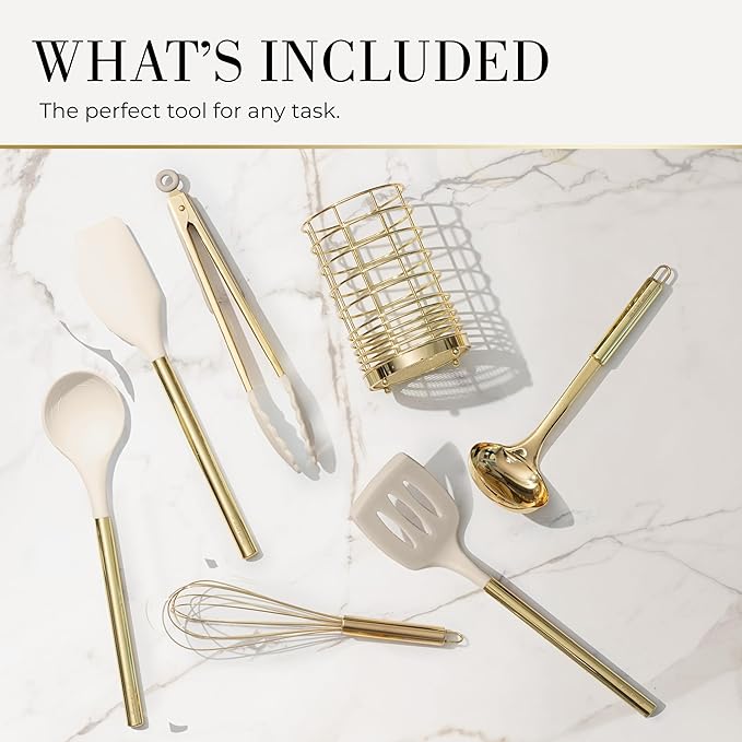 7-Piece Beige & Gold Kitchen Utensils Set – Non-Toxic Silicone & Stainless Steel Tools for Cooking, Serving, & Hosting – Ideal for Nonstick Cookware & Modern Kitchens, with Gold Utensil Holder-CasaMuseHome
